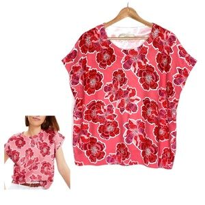 Loft Pink Red Floral Kimono Sleeve Crewneck Sweater Top Size XL